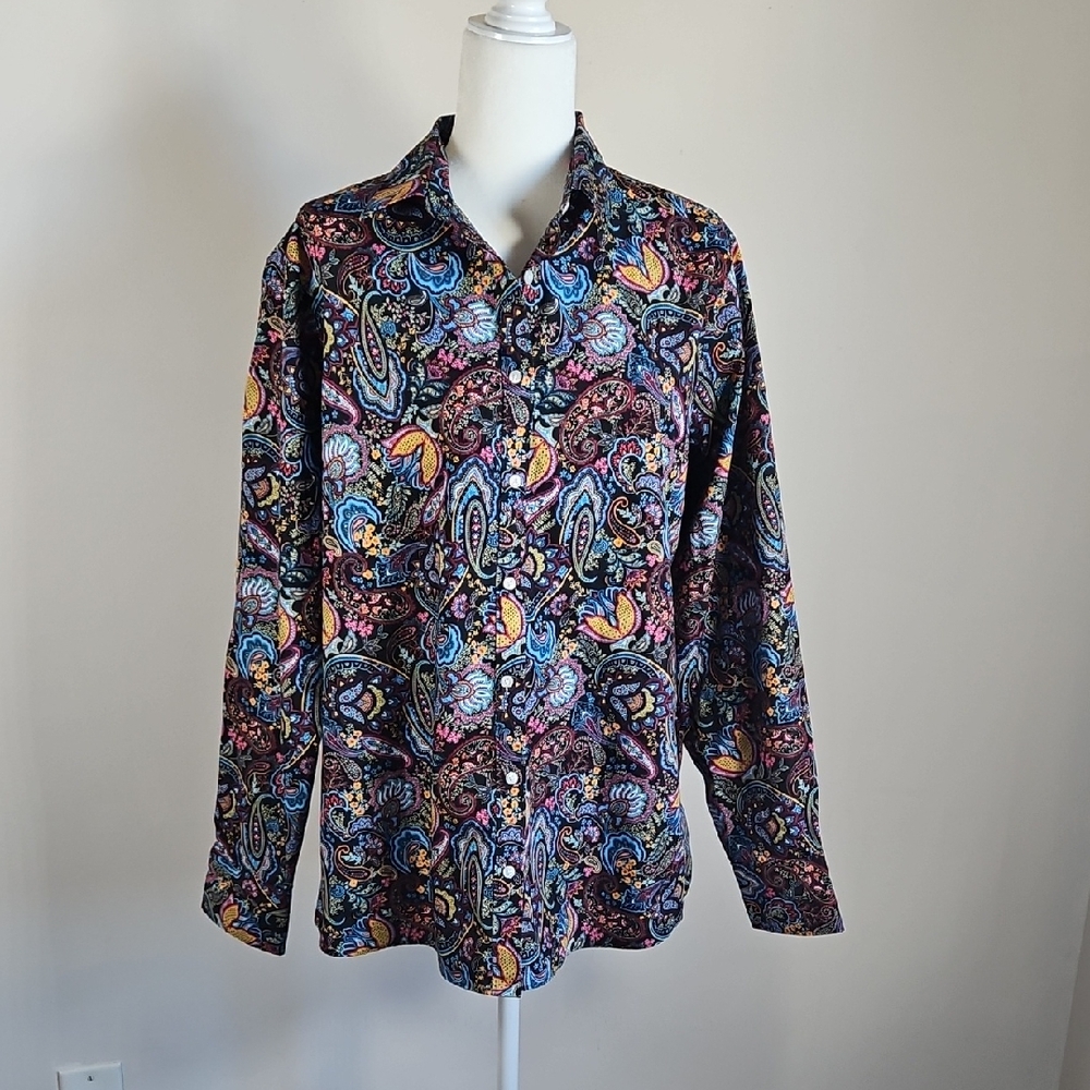 Lands End 18 Tall Supima Cotton No Iron Button Blouse Paisley Floral Colorful